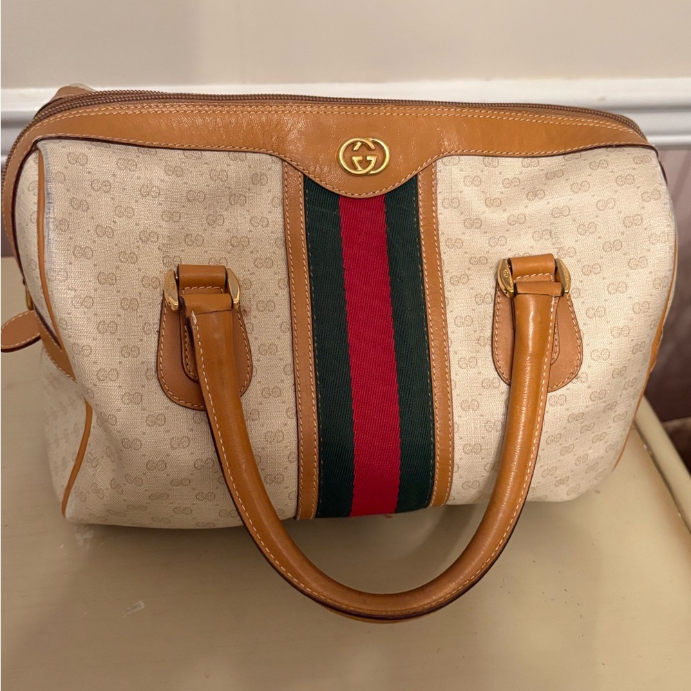 Vintage Gucci Beige and Tan Satchel with Red and Green Stripe pristine - Picture 4 of 7